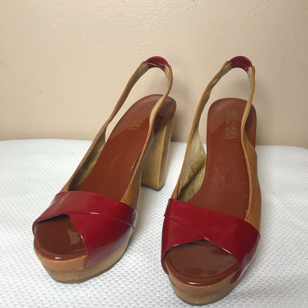 MICHAEL KORS women's platform sandals red/tan Open toe chunky size 6 M - Picture 1 of 14
